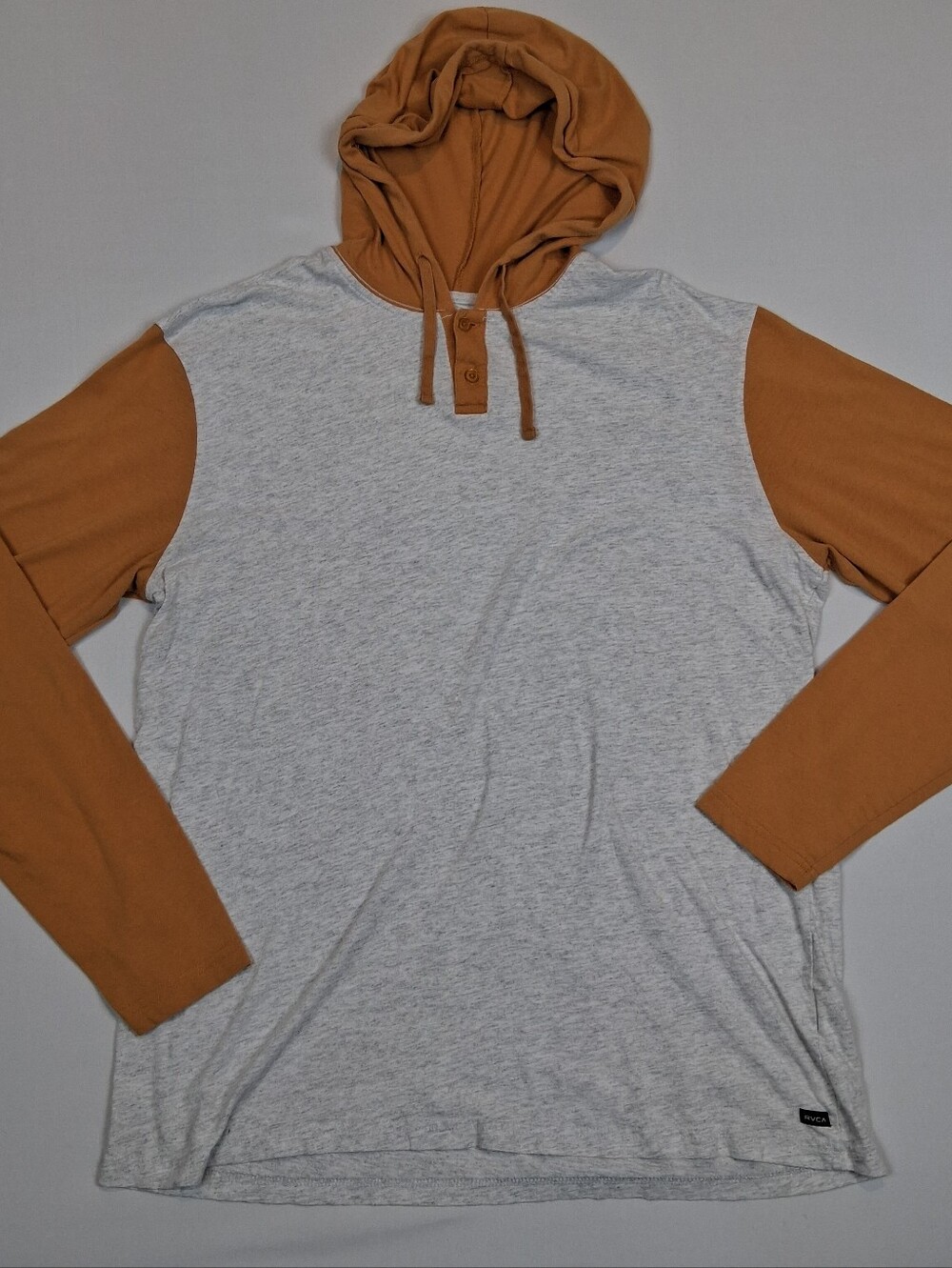 RVCA Mens Pick Up Henley Hooded Knit Long Sleeve T Shirt Gold/Grey Y2k Skater